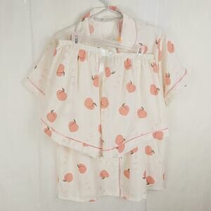 Peaches & Cream Pink Cream Pajama Set Size XL Retro Loungewear Satin Trim